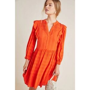 Anthropologie Amadi Rossi Dress Size Large Red‎ Orange Ruffles Gauzy Lightweight